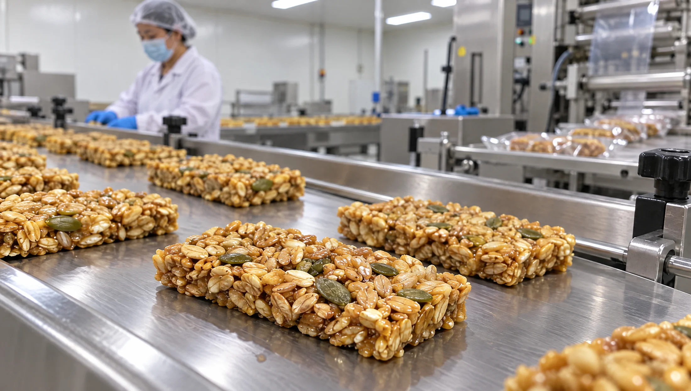 現代食品工廠輸送帶上的方形穀物脆餅,可見完整穀粒與種籽